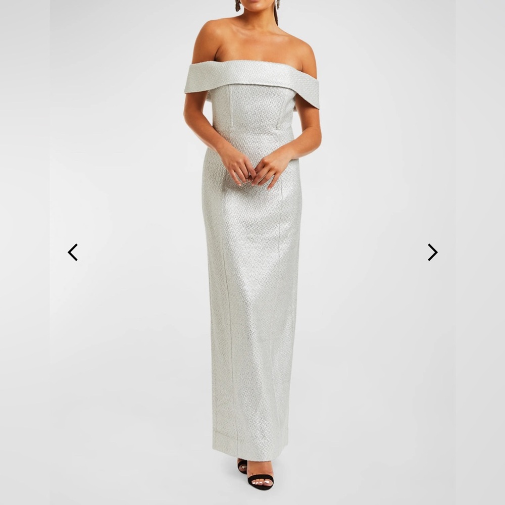 Mestiza Mona Off-Shoulder Metallic Column Gown